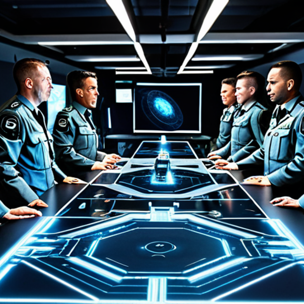 Strategic Harmony**

"A diverse team of fully clothed military advisors around a holographic table displaying a battle simulation, showcasing infantry, artillery, and air forces in a coordinated attack. Modern, high-tech environment. Professional setting, safe for work, appropriate content, perfect anatomy, natural proportions, strategic planning."

**