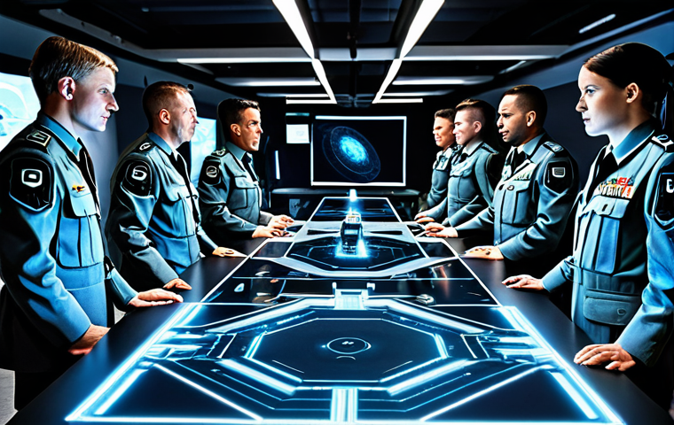 Strategic Harmony**

"A diverse team of fully clothed military advisors around a holographic table displaying a battle simulation, showcasing infantry, artillery, and air forces in a coordinated attack. Modern, high-tech environment. Professional setting, safe for work, appropriate content, perfect anatomy, natural proportions, strategic planning."

**