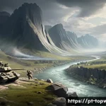 top war 효율적인 병력 배치 - A detailed battlefield scene showing a strategic clash in a mountainous terrain with narrow passes a...