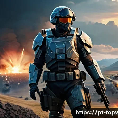 top war 리더십 증가 방법 - A dynamic battlefield scene in a futuristic war game setting, featuring a confident military command...