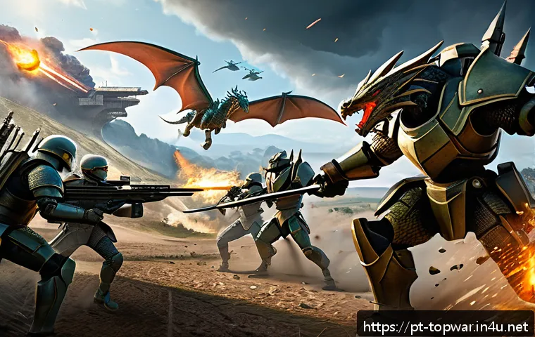 top war 드래곤 이벤트 참여 가이드 - A dynamic battle scene in a futuristic strategy game inspired by Top War’s Dragon event, showcasing ...