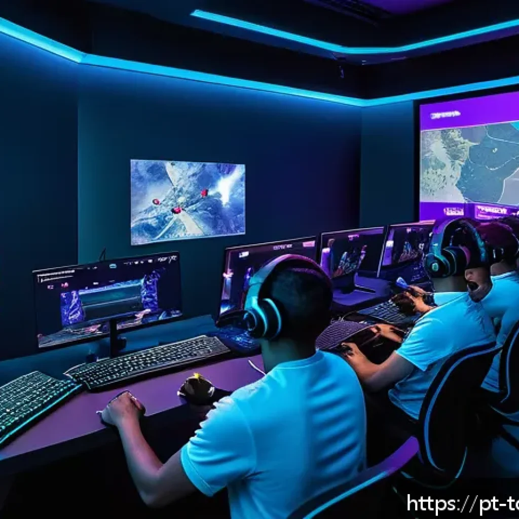 top war 팀 플레이 전략 - A dynamic esports team strategy meeting scene set in a modern, high-tech gaming room illuminated by ...