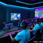 Home 18 top war 팀 플레이 전략 - A dynamic esports team strategy meeting scene set in a modern, high-tech gaming room illuminated by ...