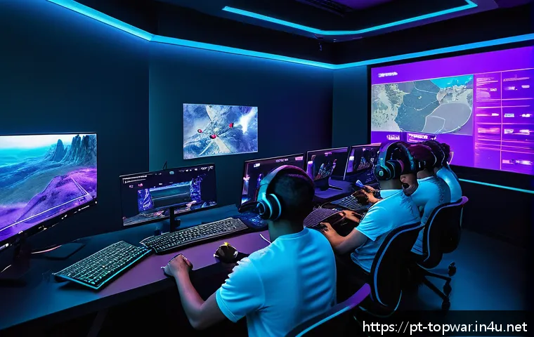 top war 팀 플레이 전략 - A dynamic esports team strategy meeting scene set in a modern, high-tech gaming room illuminated by ...